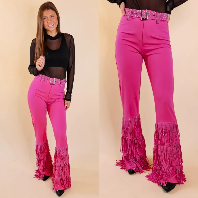 Soft Fleece Pants for Warmth in Winter-Cowboy Killer Crystal Fringe Bell Bottom Pants in Pink