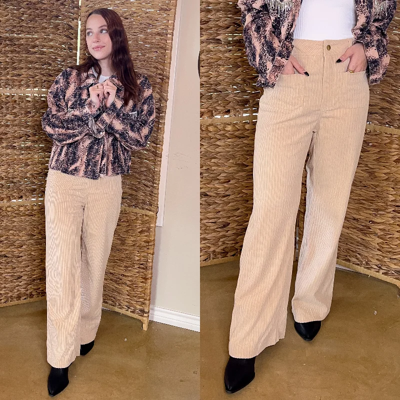 Cozy Fleece-Lined Leggings for Cold Weather-Favorable Day Wide Leg Corduroy Pants in Beige