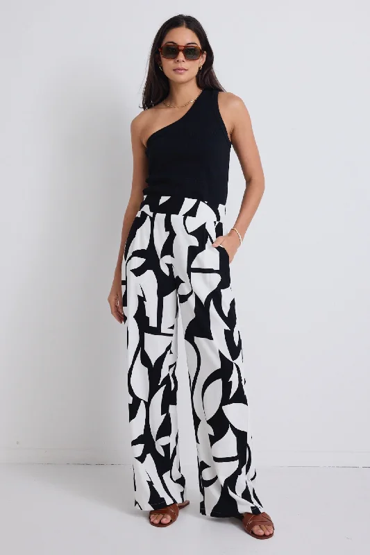 Stretch Denim Pants for Maximum Comfort-Metropolitan Black White Cutout Print Wide Leg Pants