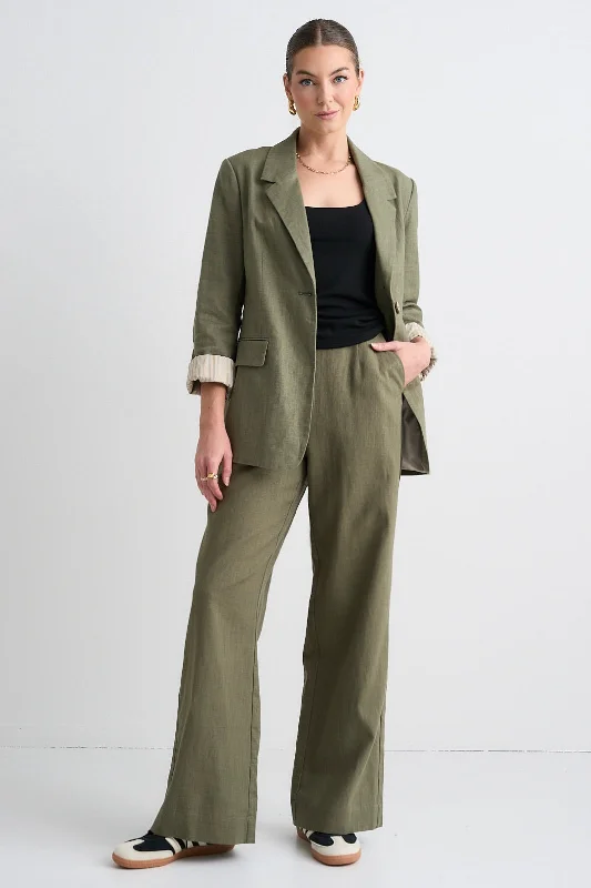 Elegant Pencil Skirt Pants for Work Attire-Boardwalk Soft Khaki Ramie Extended Waist Pants