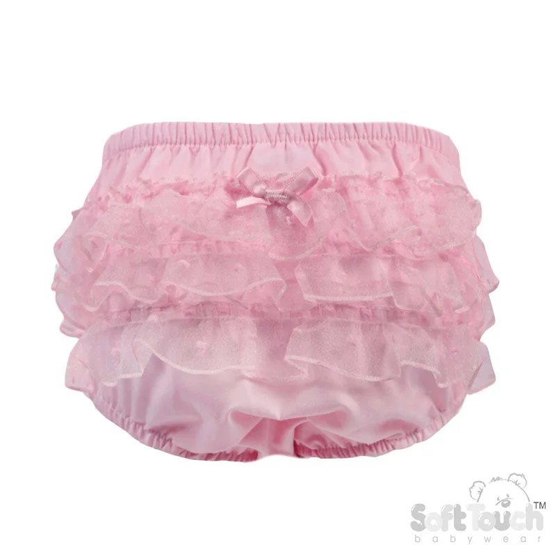 Classic Overalls for Casual Everyday Style-Pink SPOTTY LACE FRILLY PANTS W/BOW (0-24 Months) FP24-P