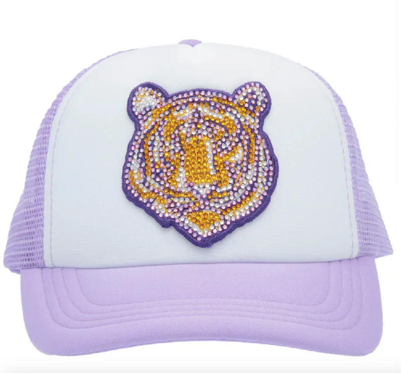 Cozy Knit Beanie for Cold Weather-Rhinestone Tiger Face Lavender Youth Trucker Hat