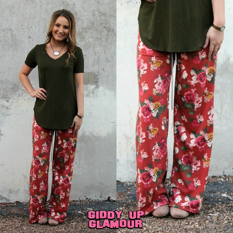 Classic Bootcut Jeans for Flattering Shape-Last Chance Size Small | Sweet Dreams Lounge Pants in Rust Floral | ONLY 1 LEFT!