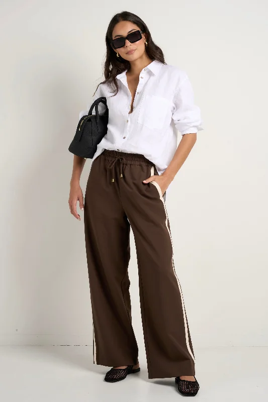 Fashionable Printed Trousers for Bold Style-Townie Chocolate Stripe Side Tape Wide Leg Pants