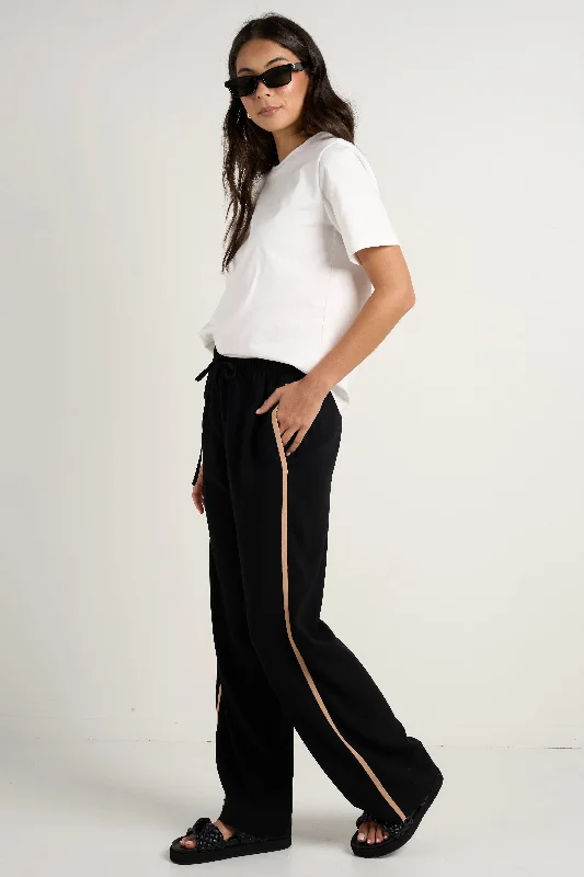 Trendy Ripped Jeans for Edgy Style-Confidant Black Side Stripe Crepe Wide Pants