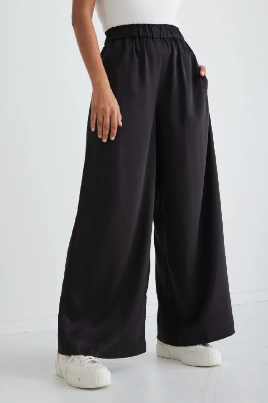 Trendy High-Rise Jeans for Modern Fashion-Luxury Black Satin Wide Leg Pants