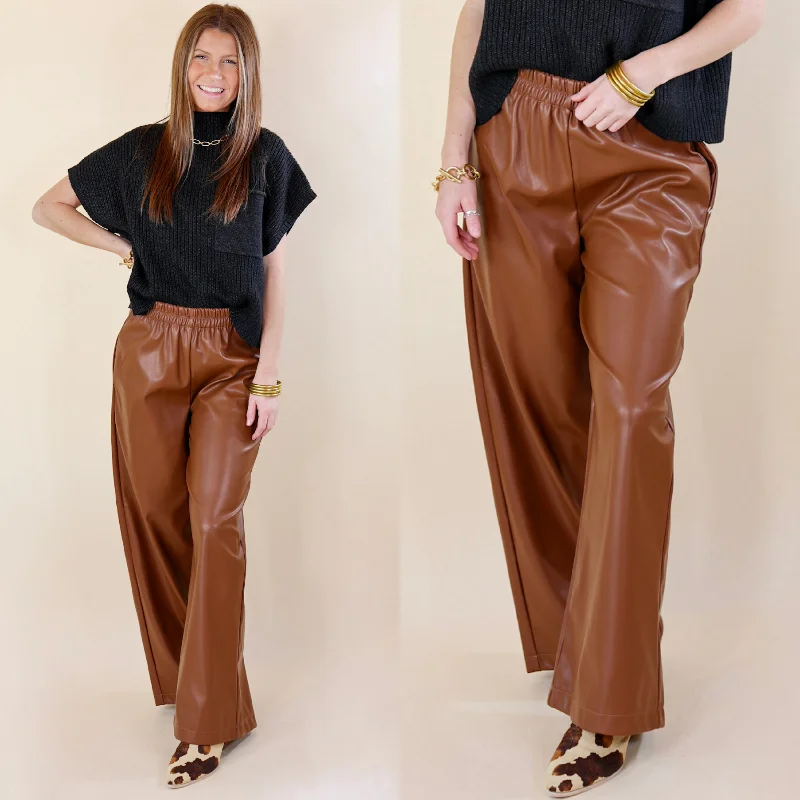 Trendy Ripped Jeans for Edgy Style-Luxe Feeling Wide Leg Faux Leather Pants in Brown