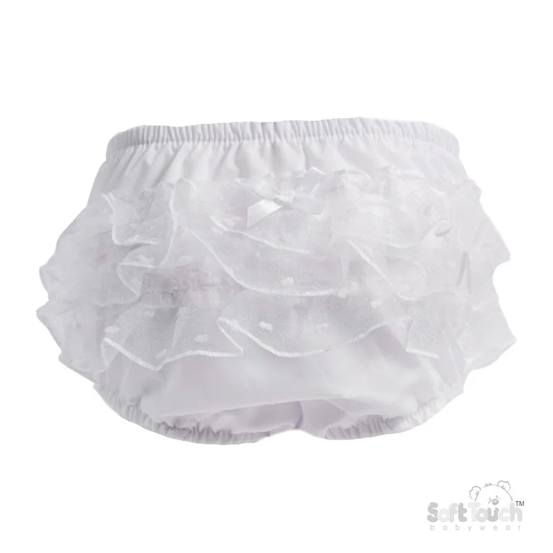 Comfortable Cargo Shorts for Everyday Use-WHITE SPOTTY LACE FRILLY PANTS W/BOW (0-24 Months) FP24-W