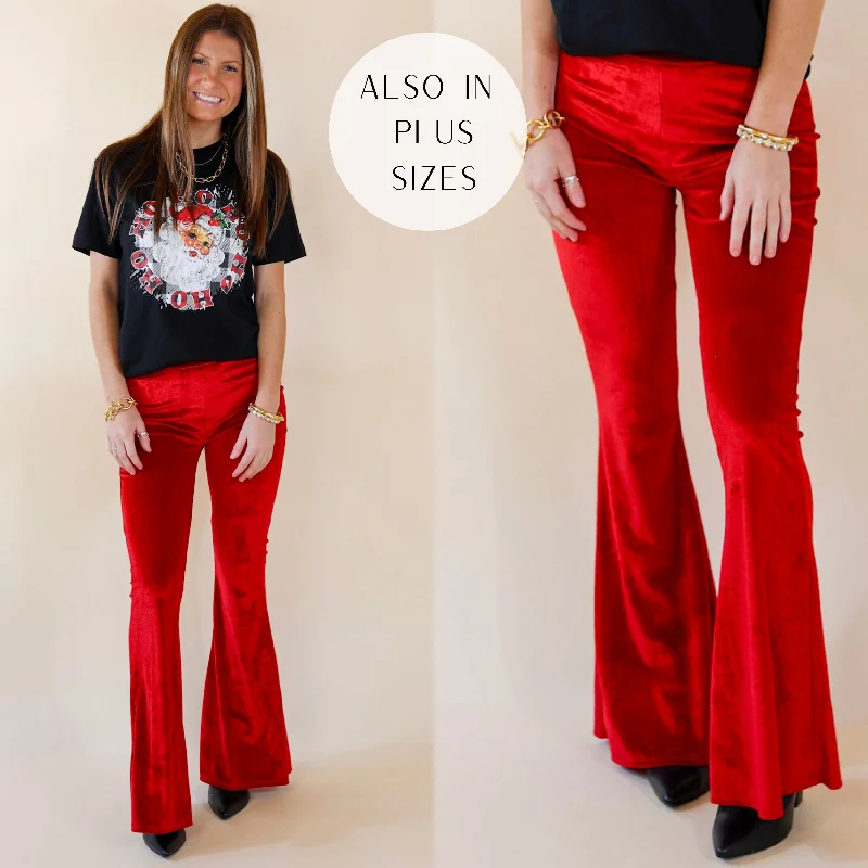 Elegant Silk Trousers for Special Occasions-Luxe Standard Velvet Bell Bottom Pants in Red