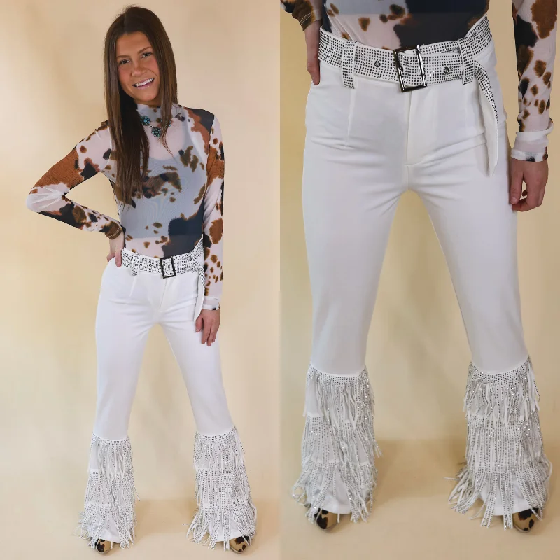 Comfortable Running Pants for Exercise-Cowboy Killer Crystal Fringe Bell Bottom Pants in White