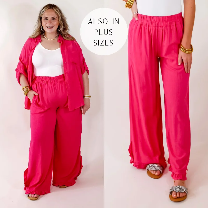 Stretchy Leggings for Active Workouts-My Spotlight Ruffled Hem Linen Pants in Hot Pink