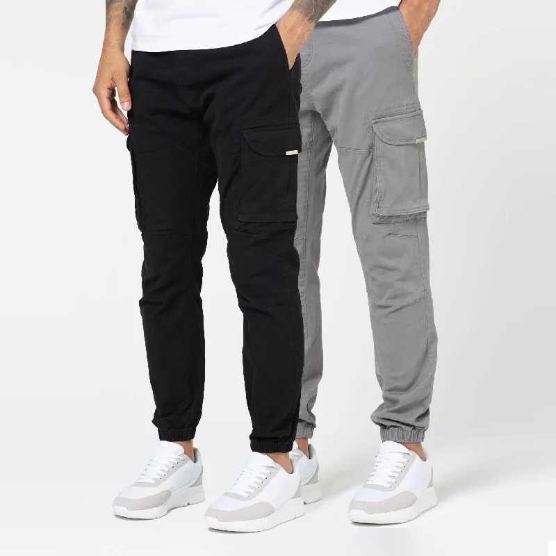 Trendy Paperbag Waist Pants for Chic Looks-2-Pack Classic Cargo Pants | Black / Grey