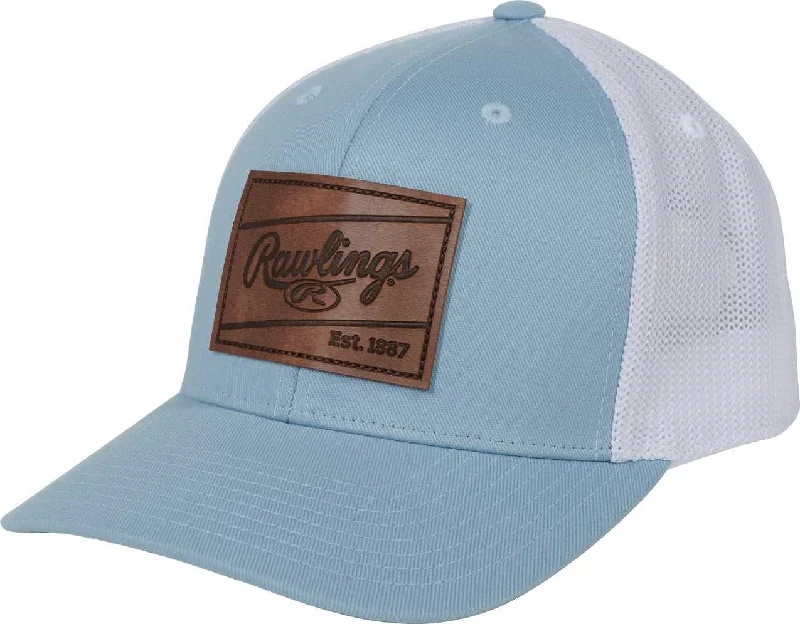 Classic Plaid Hat for Fall Fashion-Rawlings Leather Patch Cap - Light Blue White