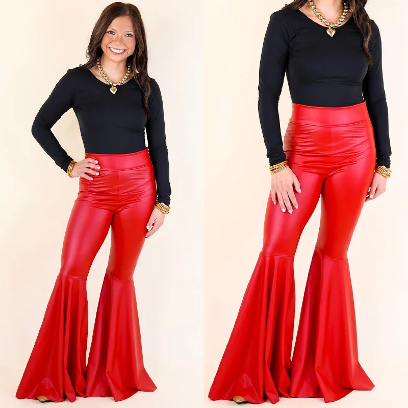 Stylish Leather Pants for Bold Fashion-Nearly Famous Faux Leather Bell Bottom Pants in Red