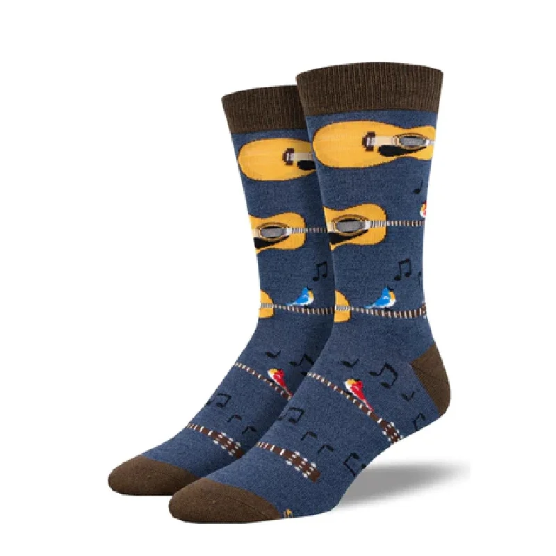 Stretchy Cotton Socks for Everyday Comfort-Acoustic Guitars with Birds Men’s Socks, Navy