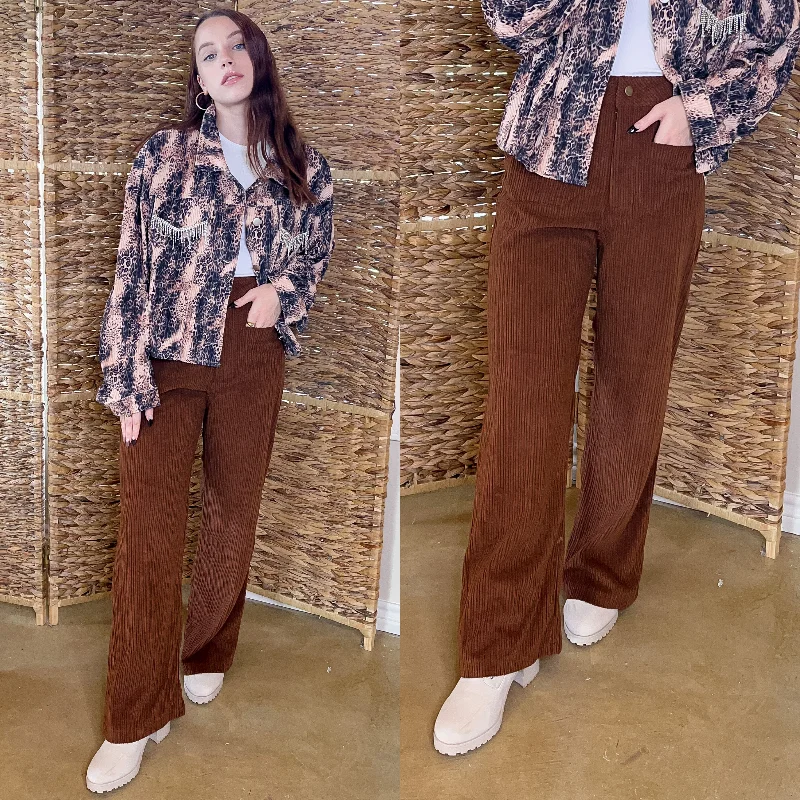 Stretch Denim Pants for Maximum Comfort-Favorable Day Wide Leg Corduroy Pants in Brown