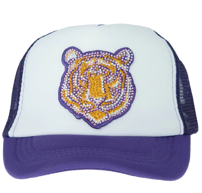 Wide Brim Hat for Sun Protection-Rhinestone Tiger Face Youth Trucker Hat