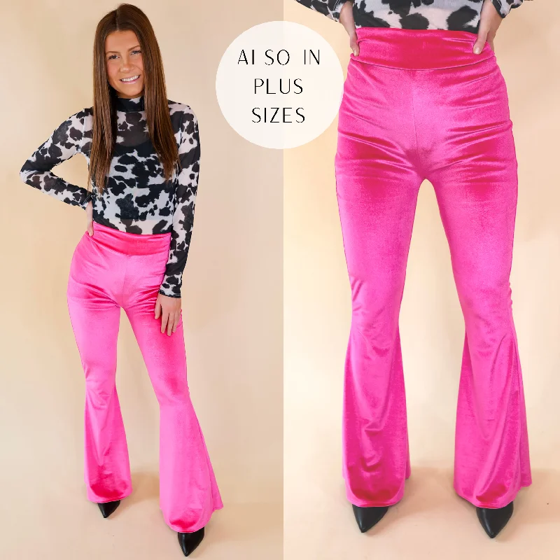 Stylish Slim Fit Jeans for Casual Outfits-Luxe Standard Velvet Bell Bottom Pants in Hot Pink