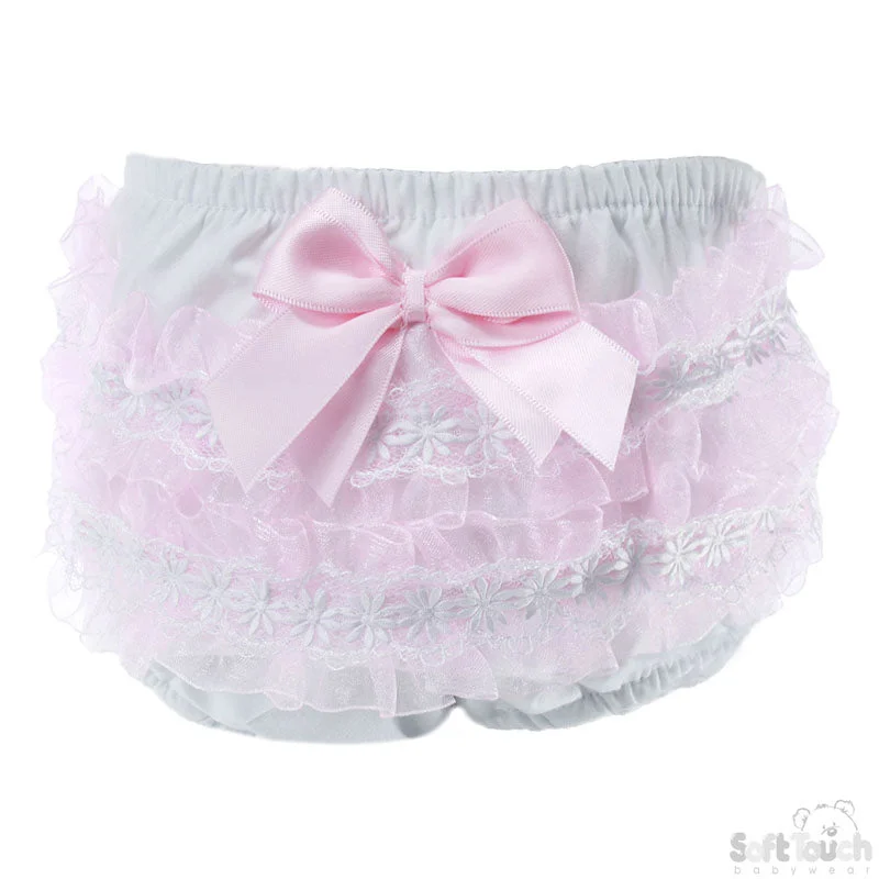 Trendy Wide-Legged Denim for Boho Style-WHITE/PINK COTTON FRILLY PANTS (0-18 Months) FP10-P