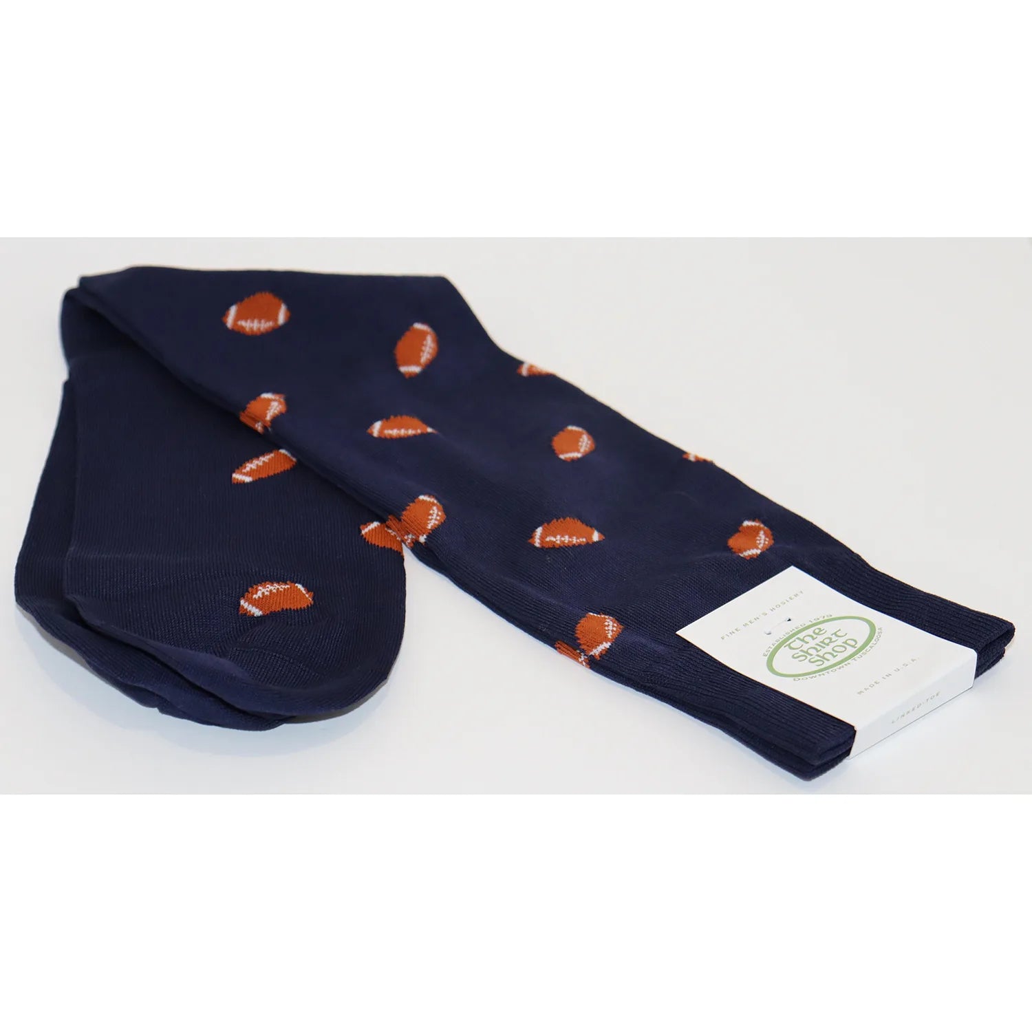 Cushioned Foot Socks for Extra Comfort-The Shirt Shop Dress Socks - Navy with Footballs