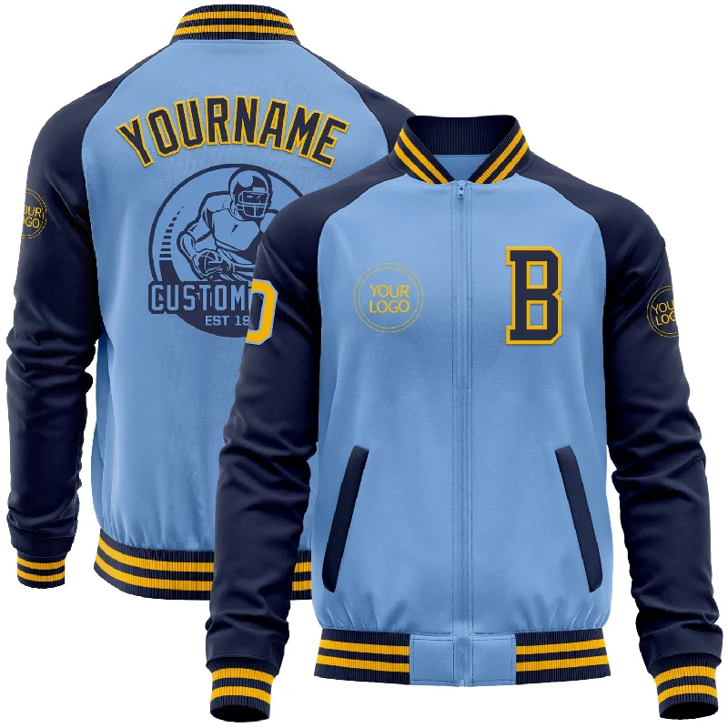 Stylish Utility Jacket for Practical Fashion-Custom Light Blue Gold-Navy Bomber Varsity Letterman Two Tone Zipper Jacket