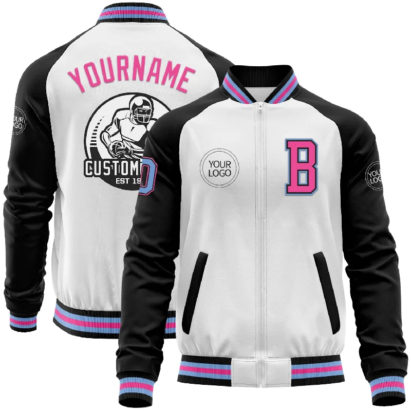 Trendy Parka Jacket for Cold Seasons-Custom White Light Blue Black-Pink Bomber Varsity Letterman Two Tone Zipper Jacket