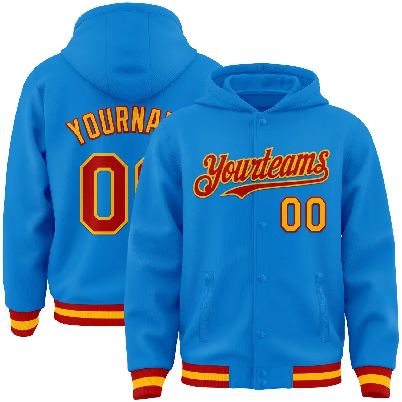 Comfortable Hoodie for Travel Days-Custom Powder Blue Red-Gold Bomber Full-Snap Varsity Letterman Hoodie Jacket