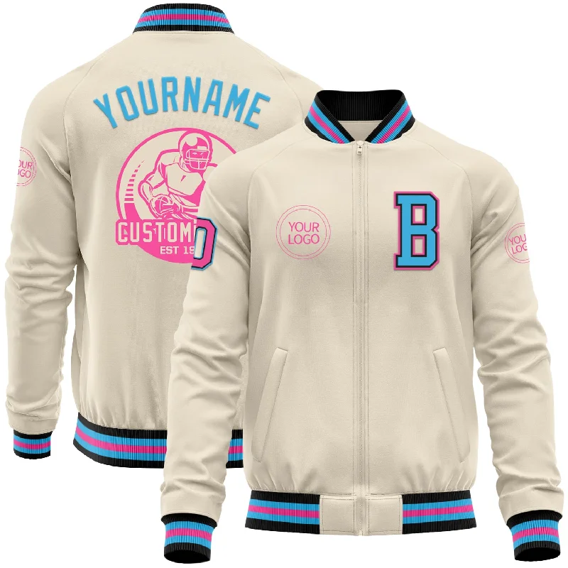 Wind-Resistant Jacket for Active Lifestyles-Custom Cream Pink Black-Sky Blue Bomber Varsity Letterman Zipper Jacket