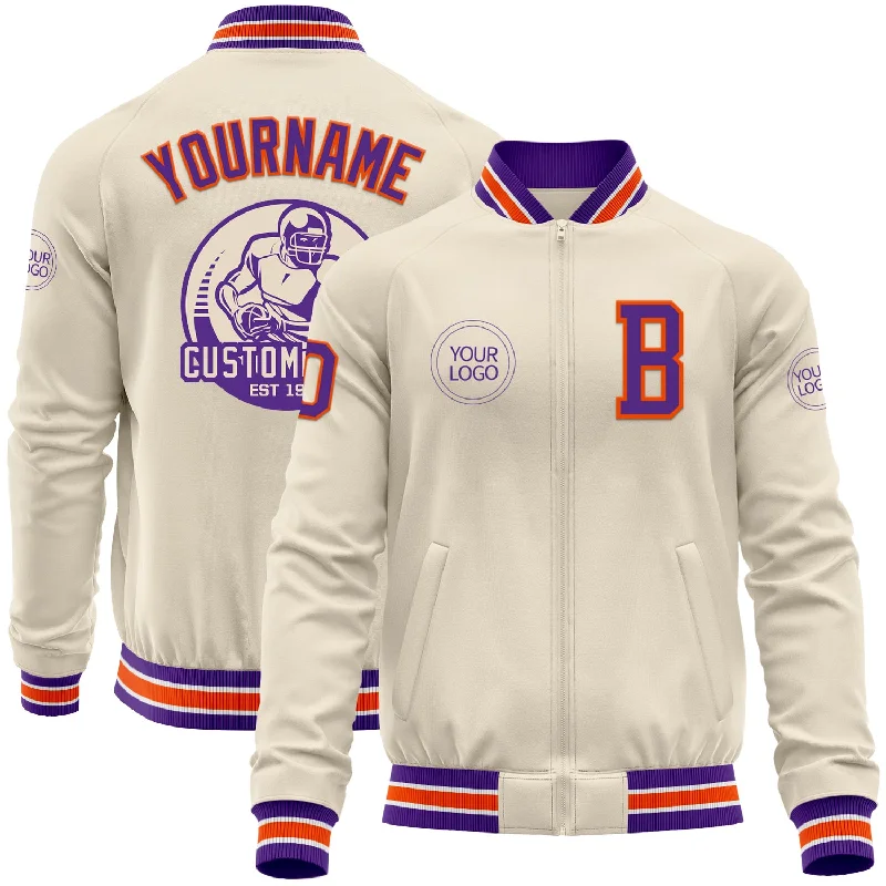 Stylish Leather Jacket for Trendy Look-Custom Cream Purple Orange-White Bomber Varsity Letterman Zipper Jacket