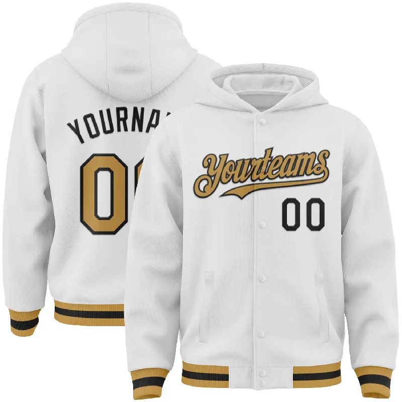 Comfy Hoodie with Fleece Lining for Warmth-Custom White Old Gold-Black Bomber Full-Snap Varsity Letterman Hoodie Jacket