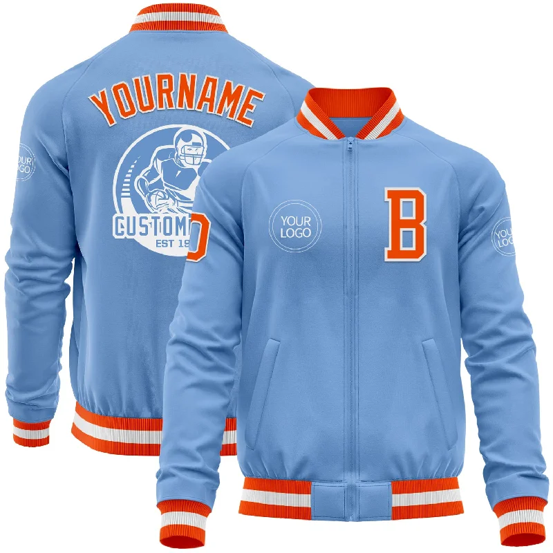 Modern Tech Jacket for Winter Protection-Custom Light Blue Orange-White Bomber Varsity Letterman Zipper Jacket