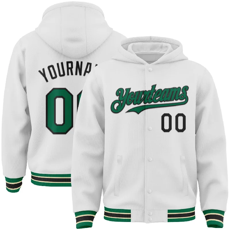 Stylish Hoodie for Weekend Outings-Custom White Kelly Green Black-Cream Bomber Full-Snap Varsity Letterman Hoodie Jacket