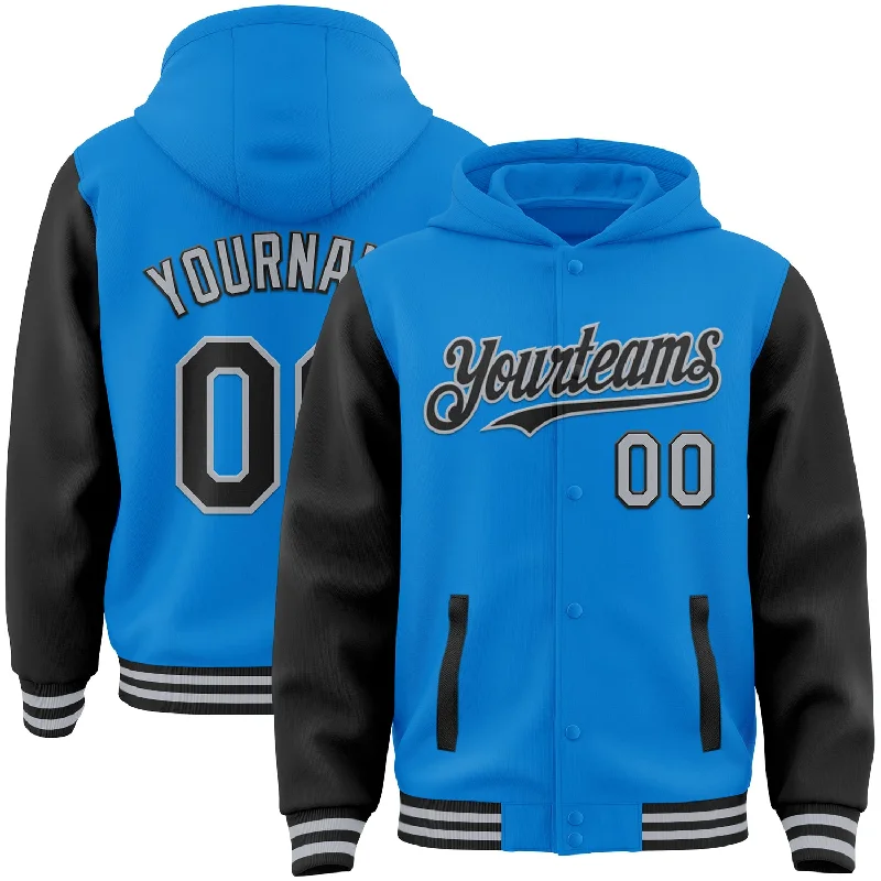 Eco-Friendly Hoodie for Sustainable Fashion-Custom Powder Blue Black-Gray Bomber Full-Snap Varsity Letterman Two Tone Hoodie Jacket