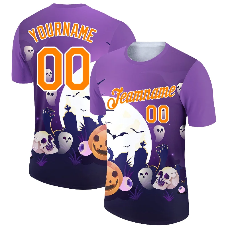 Soft Knit T-Shirt for All-Day Comfort-Custom Purple Bay Orange-White 3D Halloween Performance T-Shirt