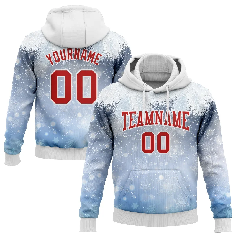 Modern Hoodie with Urban Design for Cool Look-Custom Stitched Light Blue Red-White Christmas Snowflakes 3D Sports Pullover Sweatshirt Hoodie