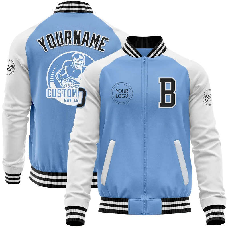 Sporty Sweat Jacket for Comfortable Wear-Custom Light Blue Black-White Bomber Varsity Letterman Two Tone Zipper Jacket