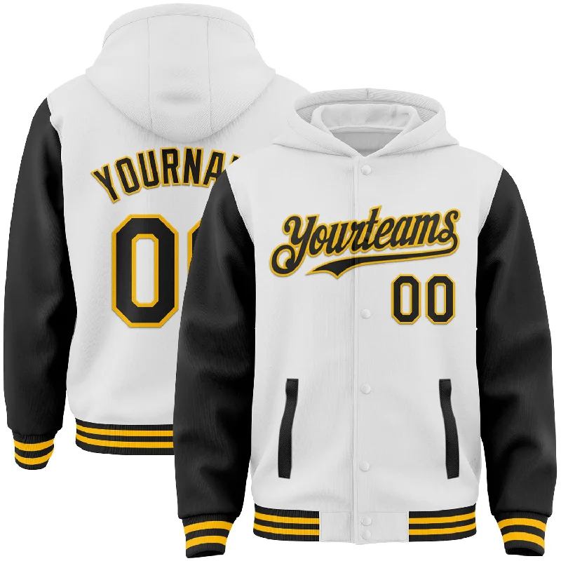 Warm Fleece Hoodie for Ultimate Cold Protection-Custom White Black-Gold Bomber Full-Snap Varsity Letterman Two Tone Hoodie Jacket