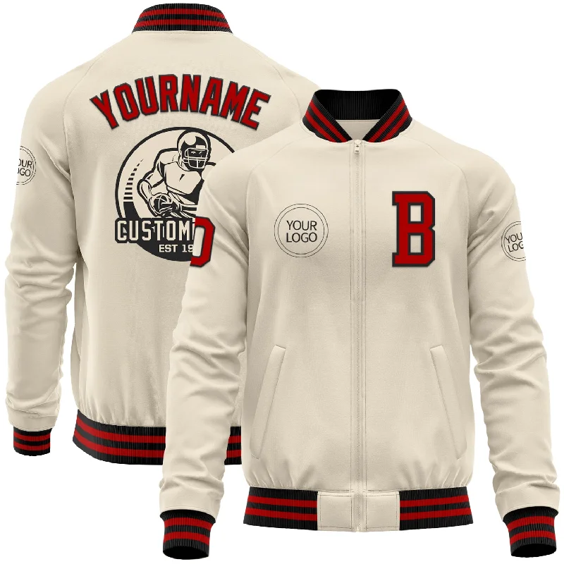 Warm Ski Jacket for Mountain Adventures-Custom Cream Red-Black Bomber Varsity Letterman Zipper Jacket