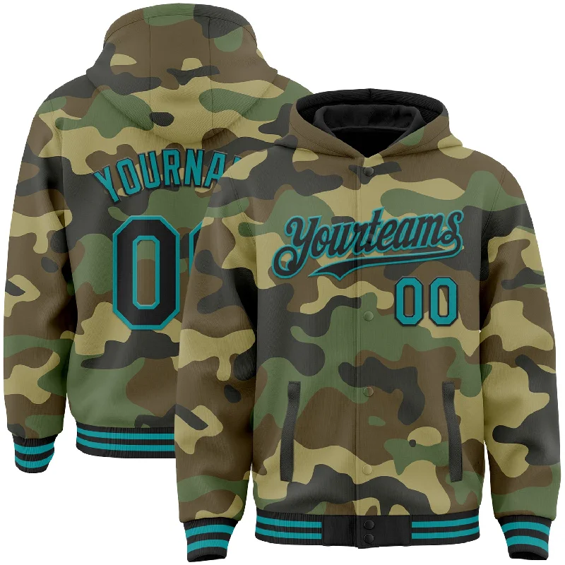 Soft Knit Hoodie for a Relaxed Fit-Custom Camo Black-Teal Bomber Full-Snap Varsity Letterman Salute To Service Hoodie Jacket