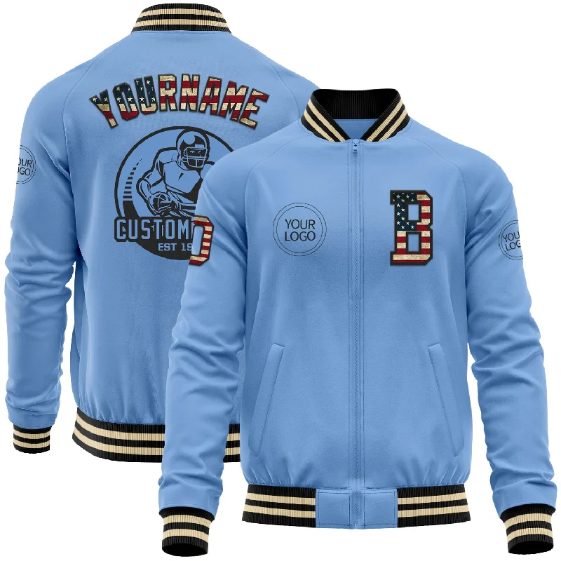 Slim-Fit Blazer Jacket for Smart-Casual Look-Custom Light Blue Vintage USA Flag Black-Cream Bomber Varsity Letterman Zipper Jacket