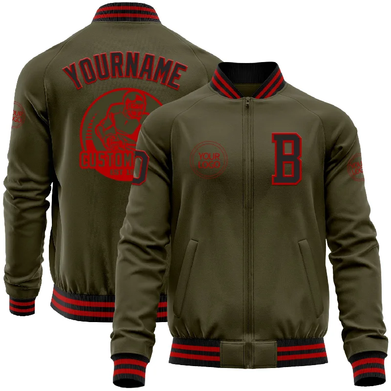 Classic Zip Jacket for Easy Everyday Wear-Custom Olive Black-Red Bomber Varsity Letterman Salute To Service Zipper Jacket