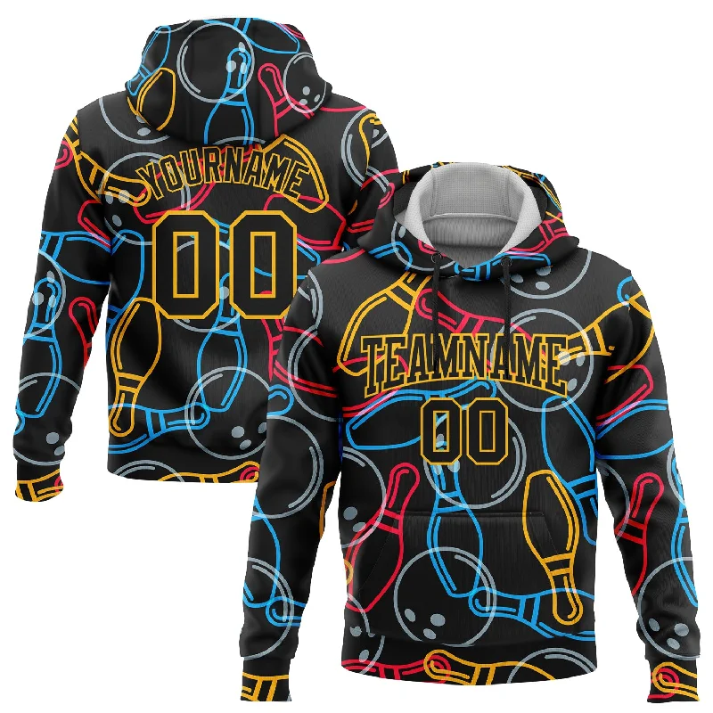 Trendy Oversized Hoodie for Street Style-Custom Stitched Black Gold 3D Bowling Sports Pullover Sweatshirt Hoodie