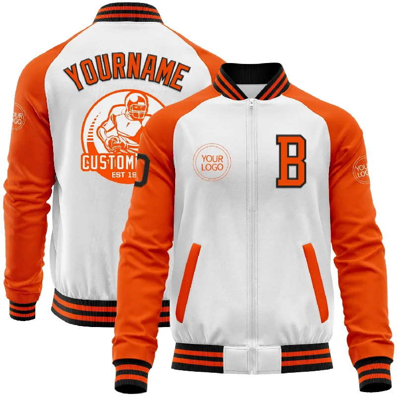 Premium Snow Jacket for Skiing and Snowboarding-Custom White Black-Orange Bomber Varsity Letterman Two Tone Zipper Jacket