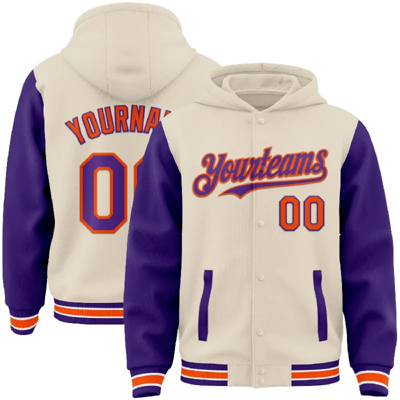 Lightweight Hooded Jacket for Cool Days-Custom Cream Purple Orange-White Bomber Full-Snap Varsity Letterman Two Tone Hoodie Jacket