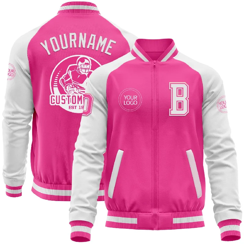 Trendy Bomber Jacket with Patches for Unique Look-Custom Pink White Bomber Varsity Letterman Two Tone Zipper Jacket