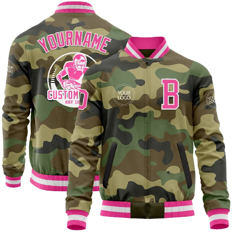 Comfortable Sports Jacket for Gym Wear-Custom Camo Pink-White Bomber Varsity Letterman Salute To Service Zipper Jacket