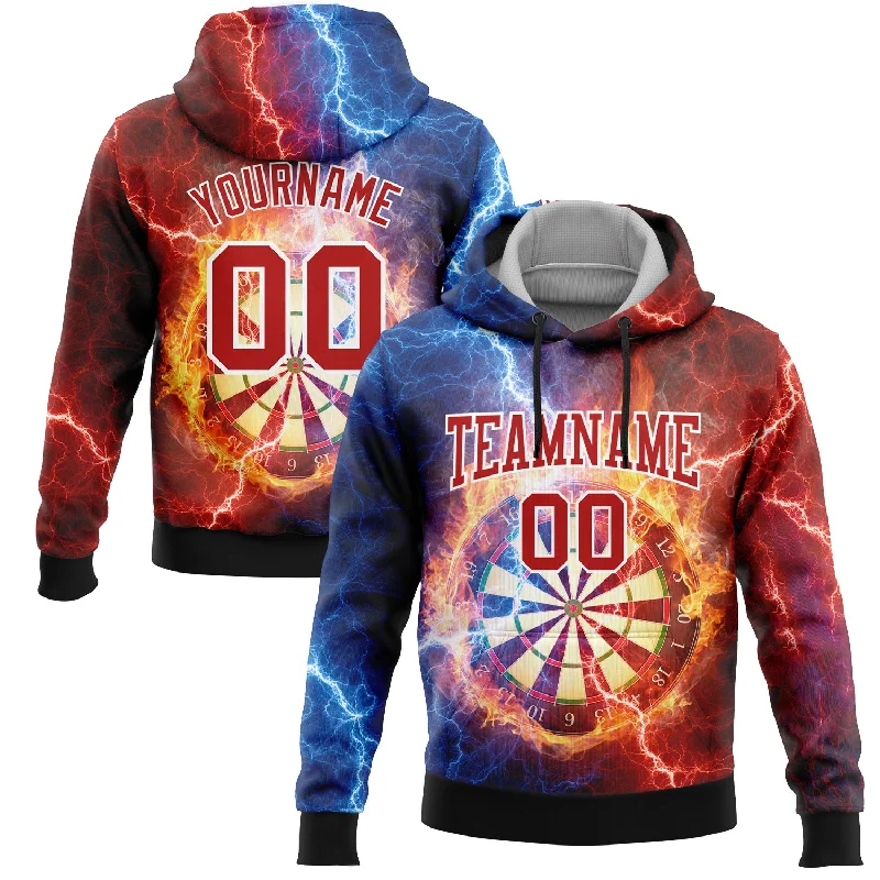 Warm Hoodie for Layering in Winter Weather-Custom Stitched Black Red-White 3D Lightning Flame Dart Board Sports Pullover Sweatshirt Hoodie