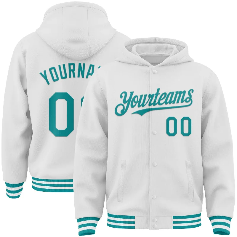 Cozy Hoodie for Layering in Cold Weather-Custom White Teal Bomber Full-Snap Varsity Letterman Hoodie Jacket