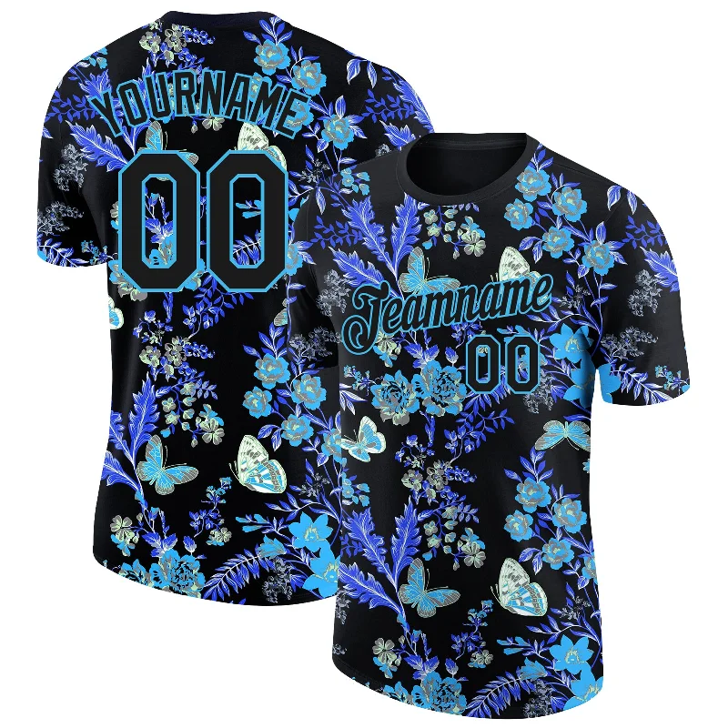 High-Quality Plain T-Shirt for Comfortable Fit-Custom Black Sky Blue 3D Pattern Design Flower With Butterfly Performance T-Shirt