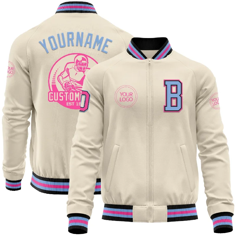 Warm Fleece-Lined Jacket for Winter Comfort-Custom Cream Pink Black-Light Blue Bomber Varsity Letterman Zipper Jacket